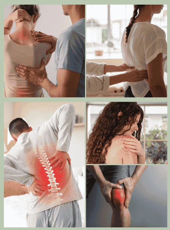 Common conditions treated at Total Health including chronic back pain, neck stiffness, and joint injuries.