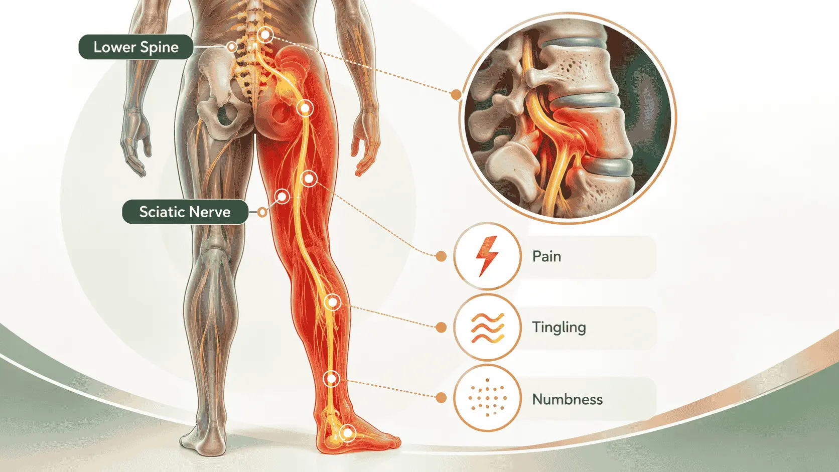 Sciatica pain pathway showing the sciatic nerve from the lower spine down the leg