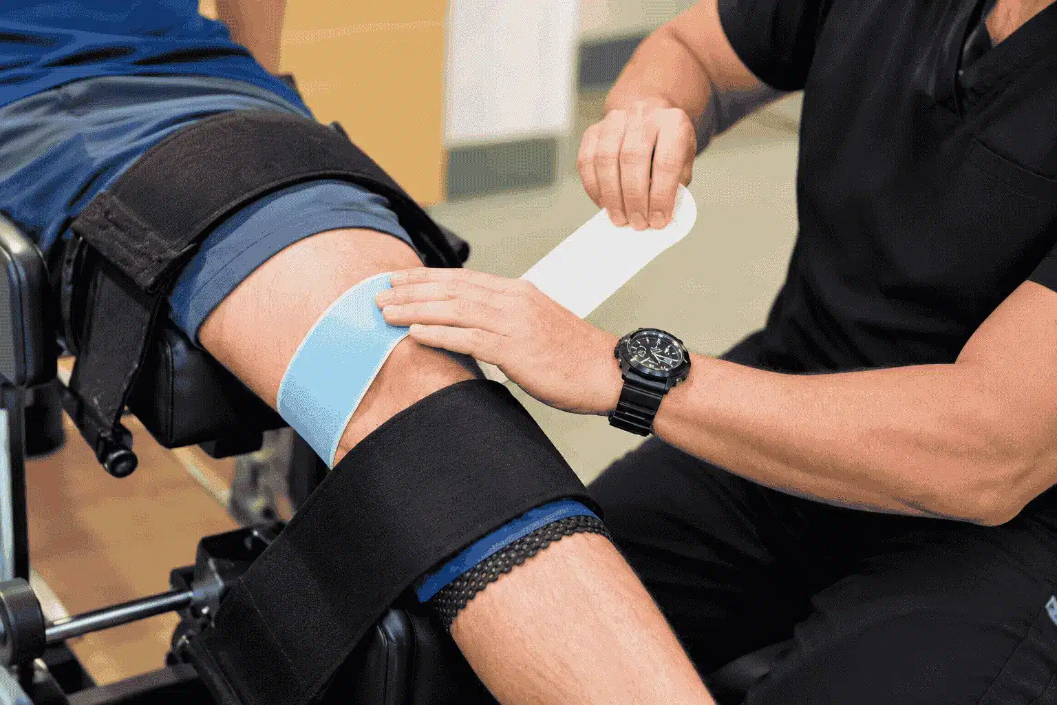Clinician positioning a patient's knee in a traction device for non-surgical knee decompression therapy